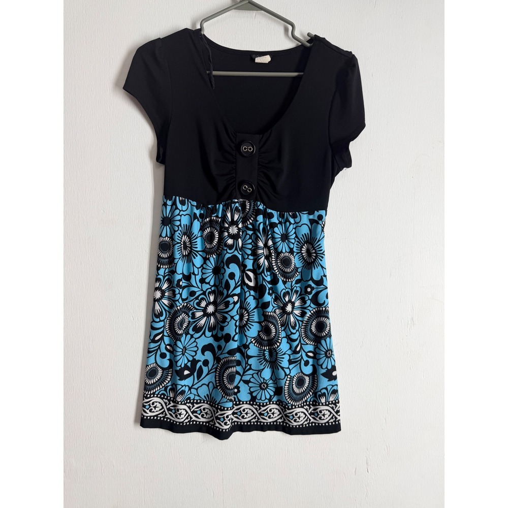Anxiety Tunic Top Large Blue Black Floral Empire Waist Babydoll V-Neck Y2K Style